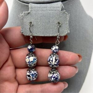 Purple Blue White Mosaic Triple Beaded Dangle Earrings Silver Tone Hook
